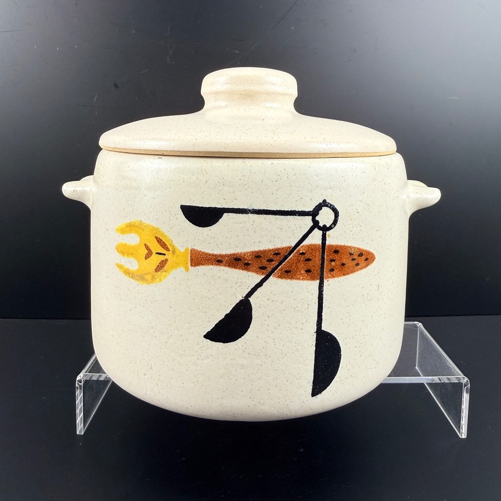 West Bend Stoneware Bean Pot MCM Fork & Spoon Pattern Crock with Lid